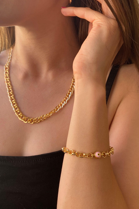 Nazar Boncuklu Pembe Zincir Bileklik