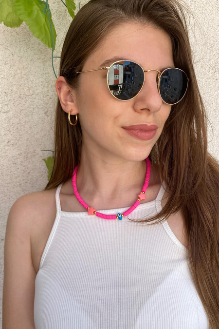 Yıldız Boncuklu Pembe Fimo Kolye